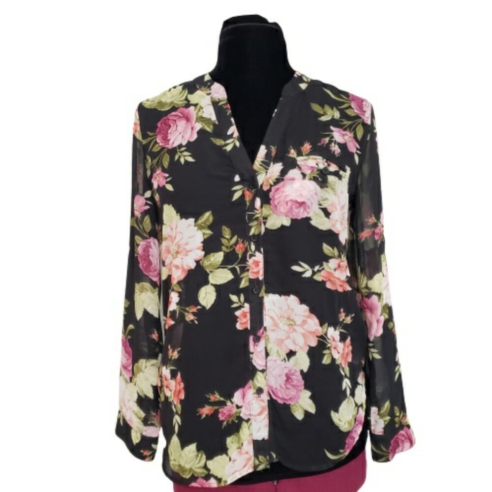 Kut From The Kloth Black and Floral High Low Button Front Tunic Top Medium